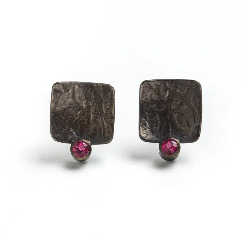 Black Square Stud Earrings with Pink Tourmaline