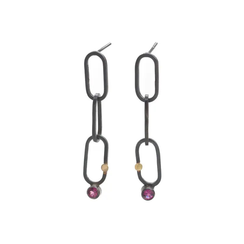 Delicate Chain Earrings Featuring Garnet Beads and Gold Dot Accents