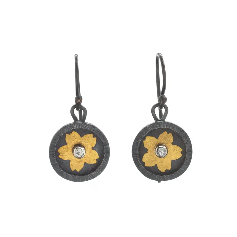 Hammered Round Dangle Earrings with 14K Gold Flower & Swiss Blue Topaz