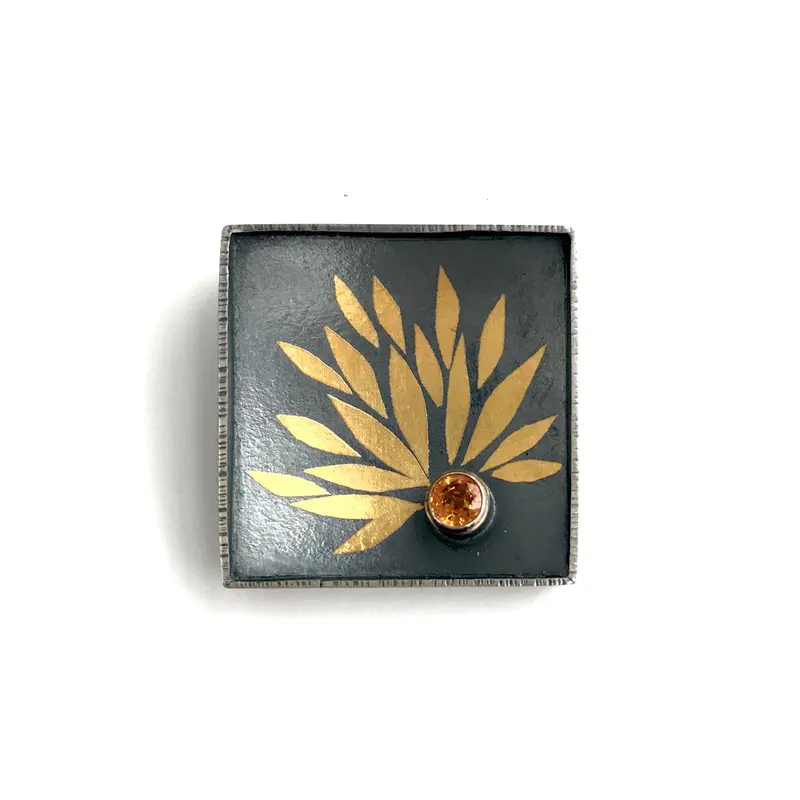 Lotus Flower Brooch: Sterling Silver with 24K Gold Keum-Boo & Sapphire Accent