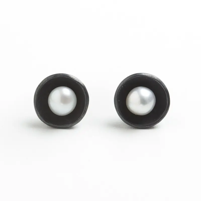 Oxidized Silver Pearl Stud Earrings