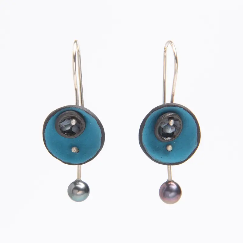 Pearl-Adorned Layered Porcelain Disc Earrings