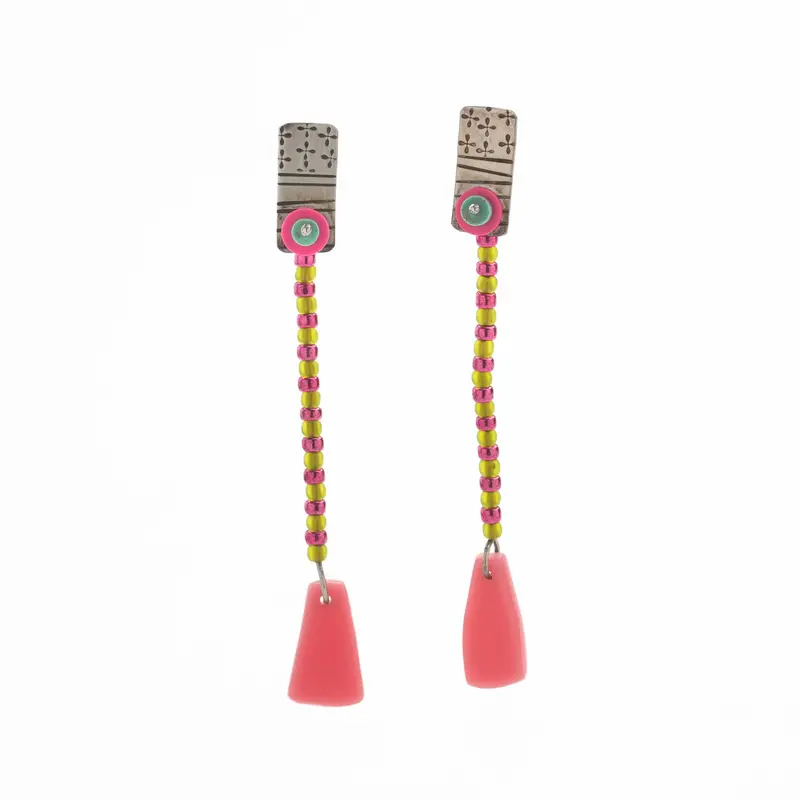 Pink Acrylic Earrings Featuring Sterling Silver Hooks and Decorative Beads