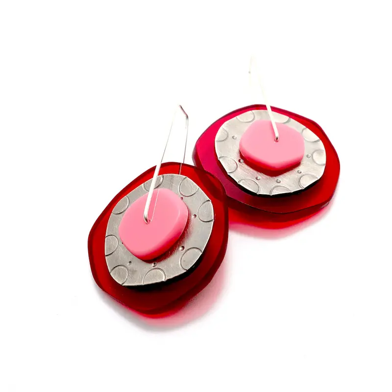 Pink and Red Alloy Spinner Dangle Earrings