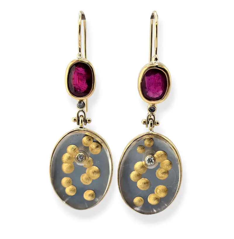 Pink Tourmaline Bubble Dangle Earrings in 14K Gold