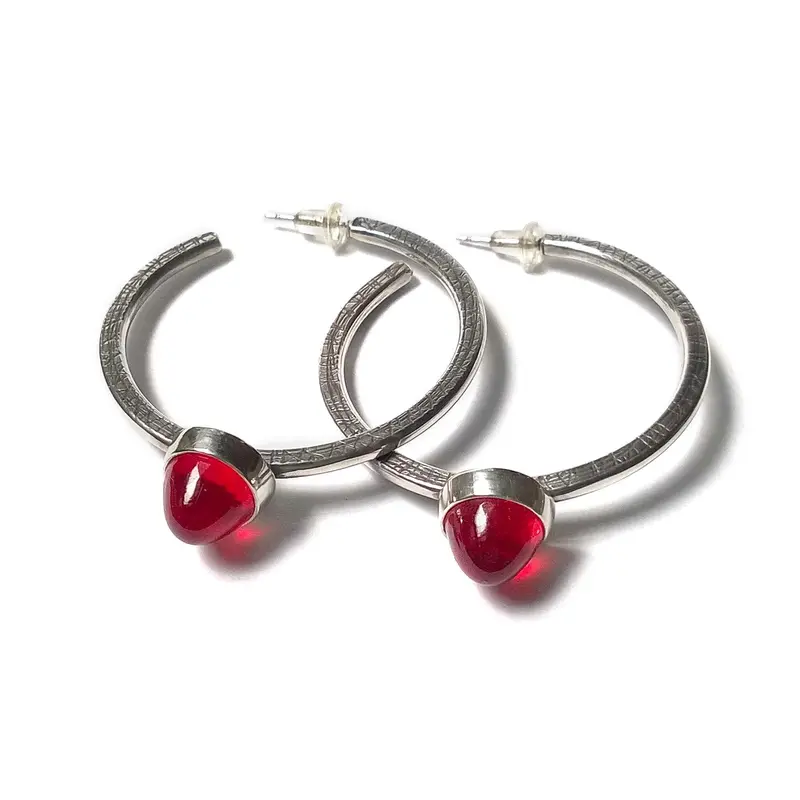 Rustic Textured Hoop Earrings with Red Glass Charm
