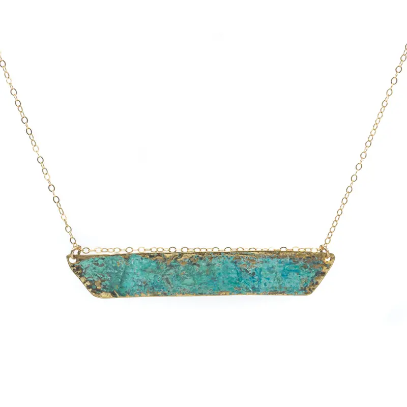 Slender Green Patina Bar Pendant Necklace