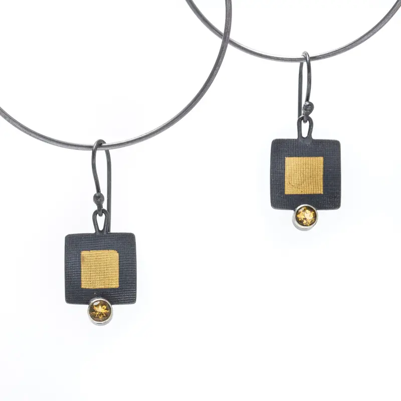 Square Dangle Earrings Set with Yellow Sapphire Accents