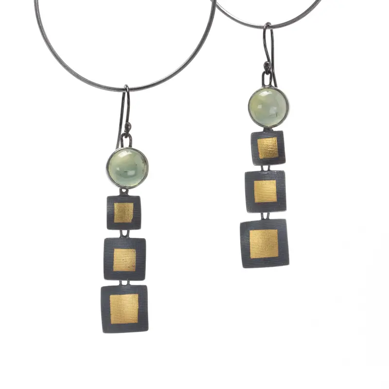 Three Golden Square Dangle Earrings Featuring Prehnite Stones